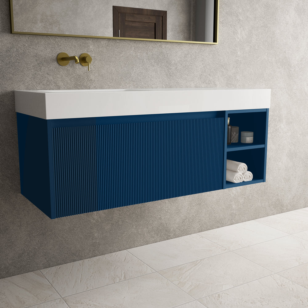 Scanalato Single Drawer Vanity Unit With Open Storage Space And Beyondstone BLOC Basin - Ocean Blue 1200mm