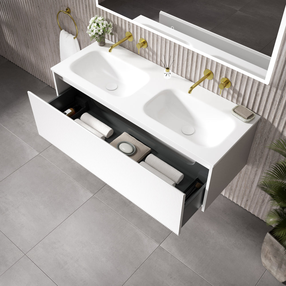Scanalato Single Drawer Vanity Unit With Beyondstone Double Basin - Pure White 1200mm