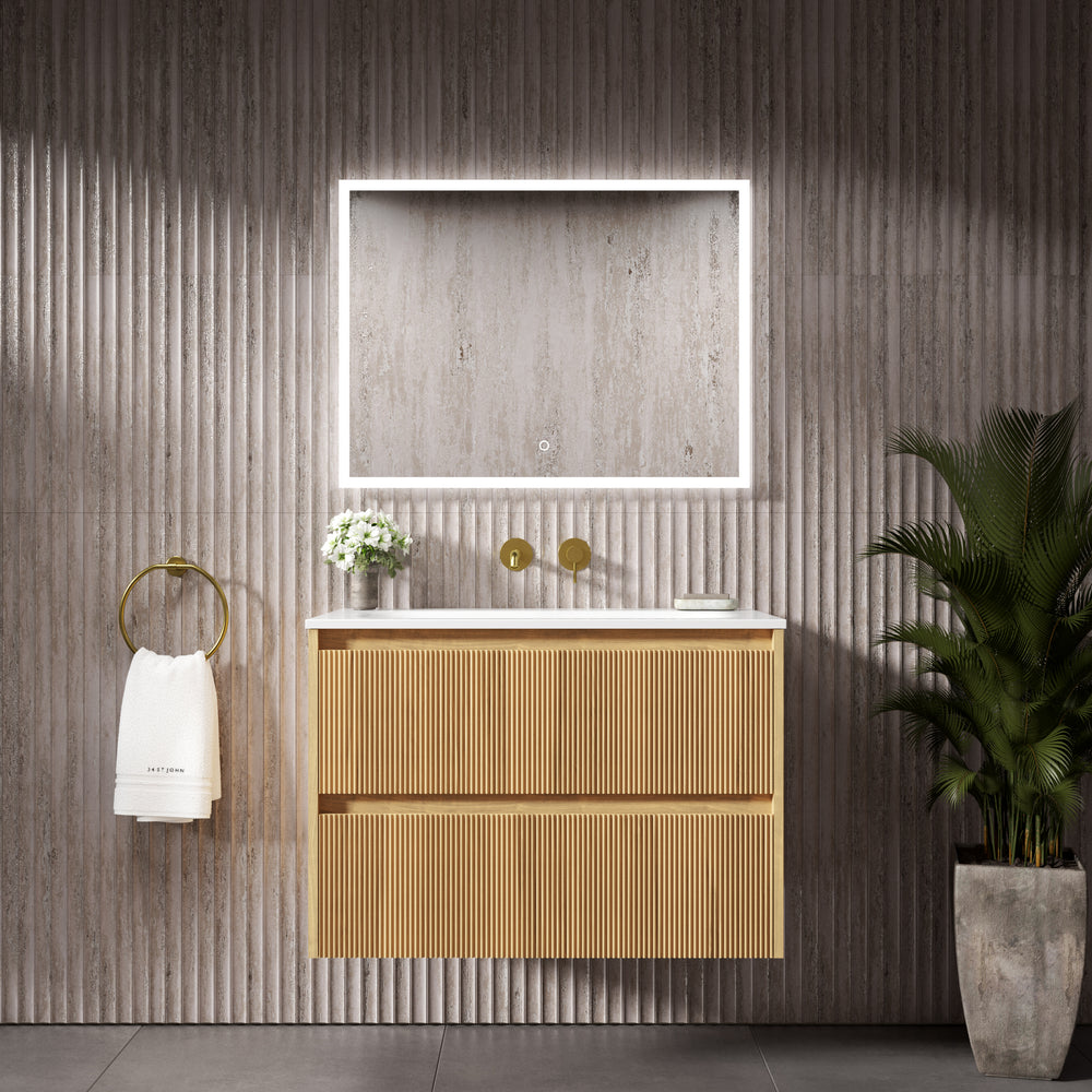 Scanalato Double Drawer Vanity Unit  With Beyondstone Basin - Oak 800mm