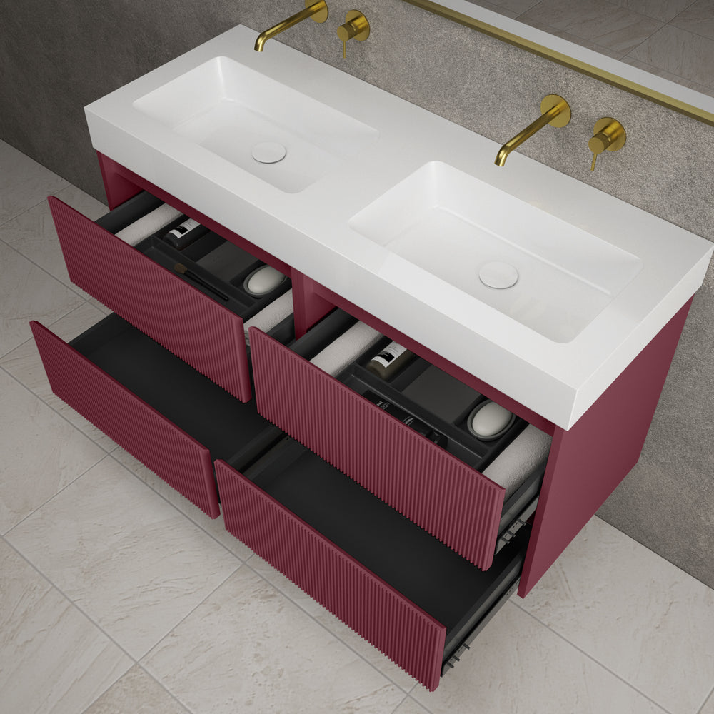 Scanalato Four Drawer Vanity Unit With Beyondstone BLOC Double Basin - Mineral Red 1200mm