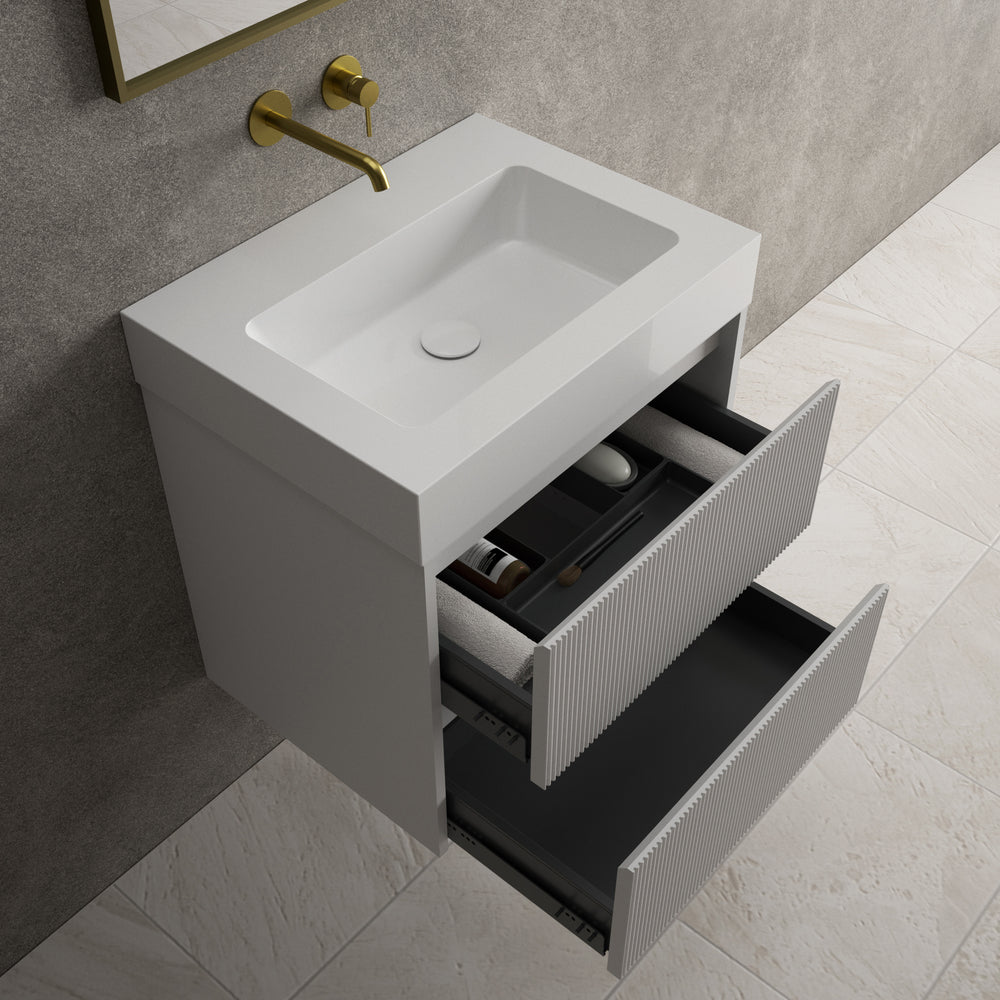 Scanalato Double Drawer Vanity Unit  With Beyondstone BLOC Basin - Soft Grey 600mm