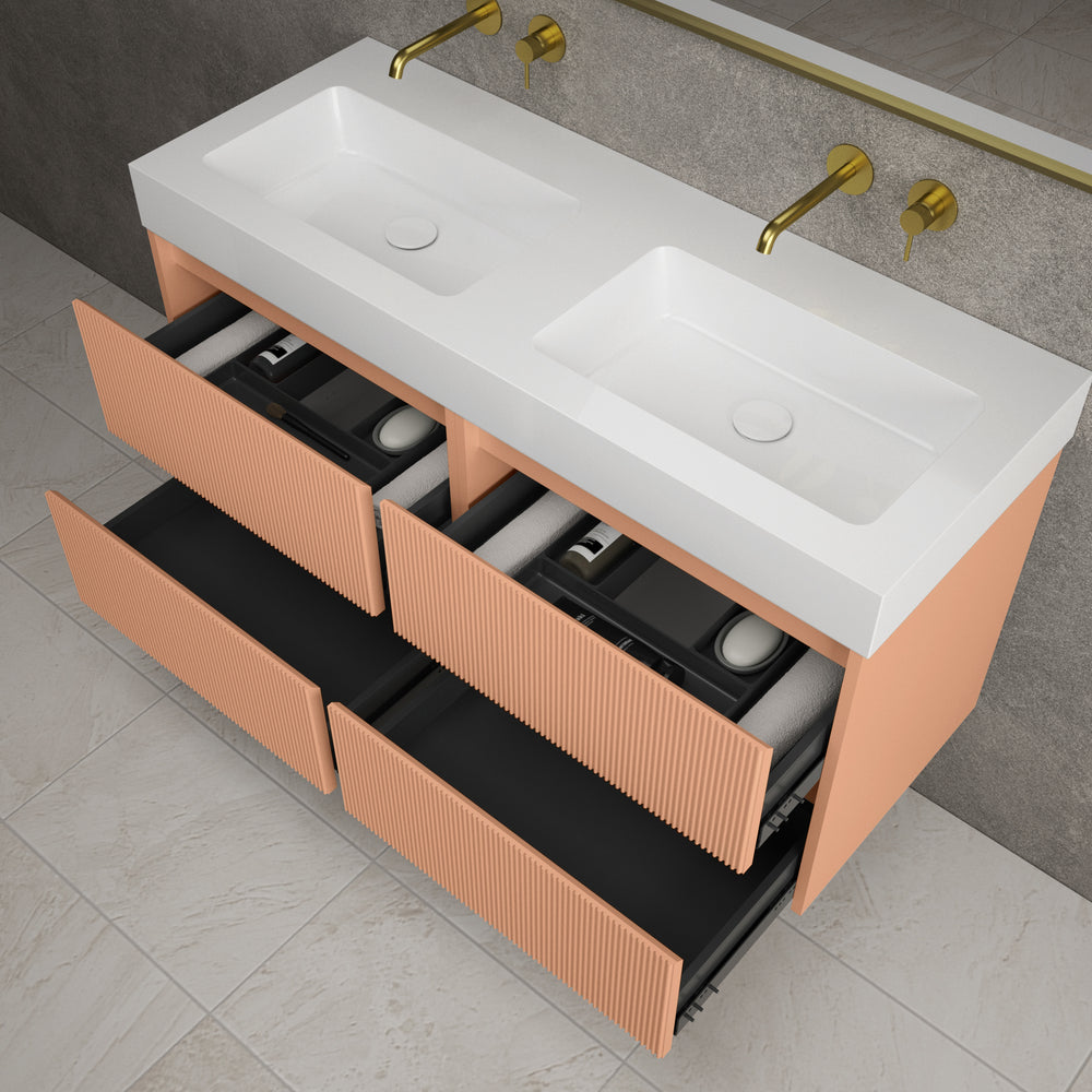 Scanalato Four Drawer Vanity Unit With Beyondstone BLOC Double Basin - Peach Fuzz 1200mm