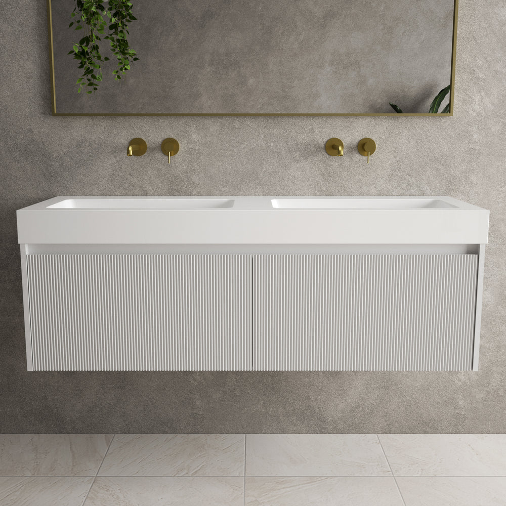 Scanalato Double Drawer Vanity Unit With Beyondstone BLOC Double Basin - Soft Grey 1400mm