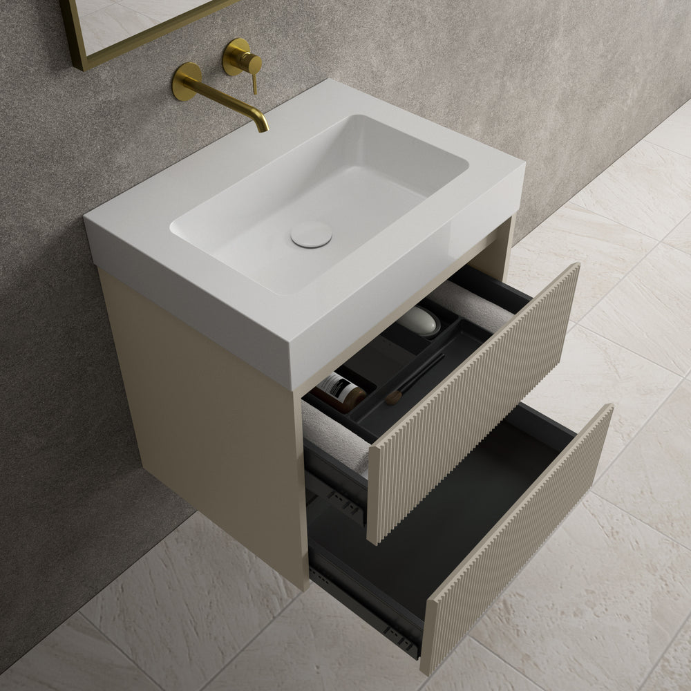 Scanalato Double Drawer Vanity Unit  With Beyondstone BLOC Basin - Soft Taupe 600mm