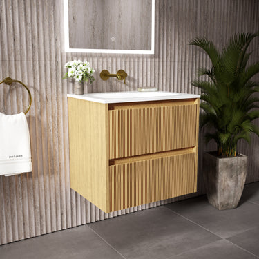 Scanalato Double Drawer Vanity Unit  With Beyondstone Basin - Oak 600mm