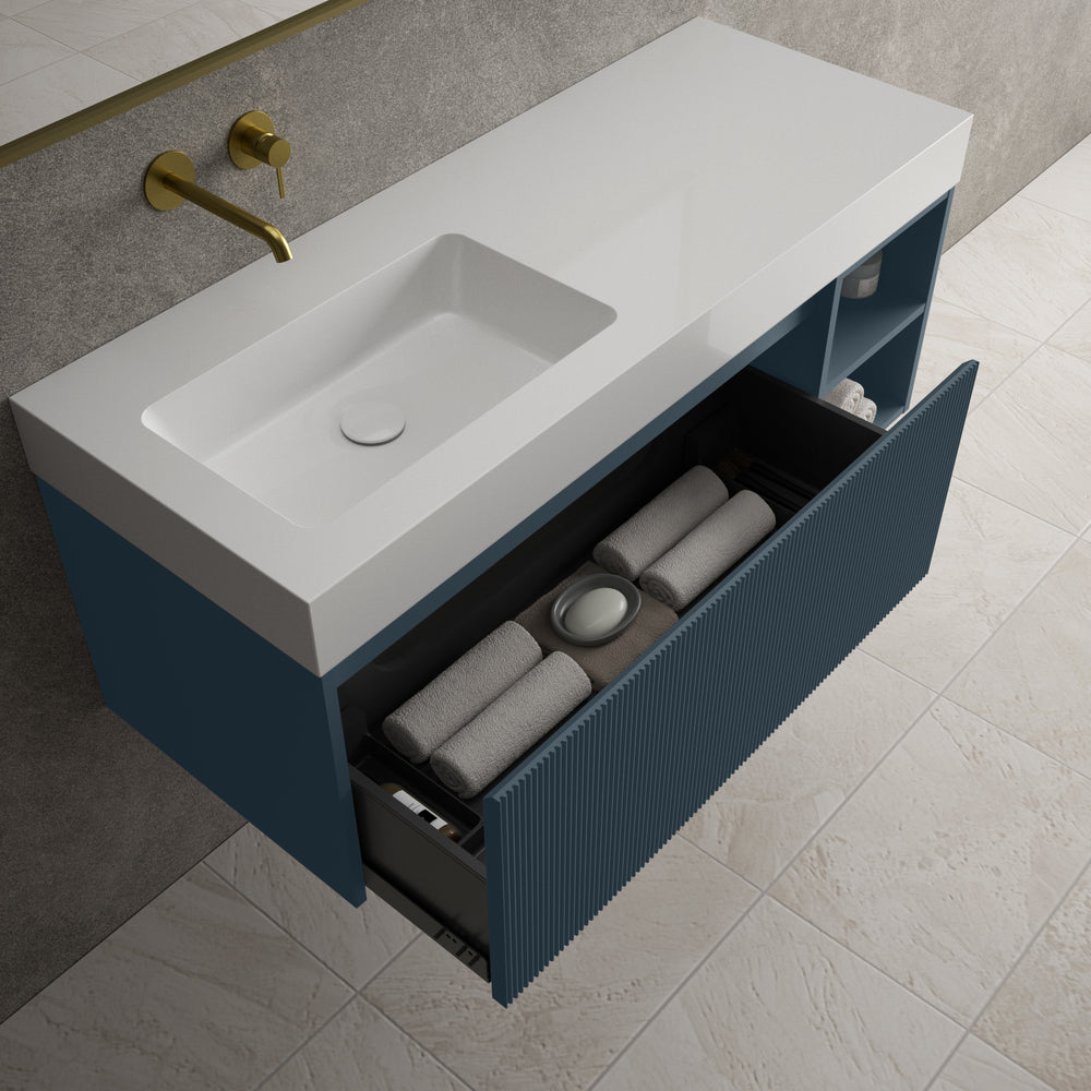 Scanalato Single Drawer Vanity Unit With Open Storage Space And Beyondstone BLOC Basin - Midnight Blue 1200mm