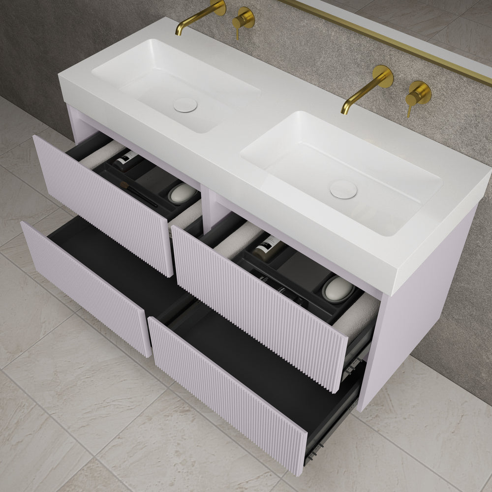 Scanalato Four Drawer Vanity Unit With Beyondstone BLOC Double Basin - Soft Violet 1200mm