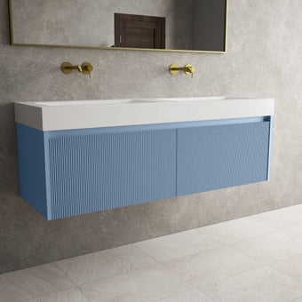Scanalato Double Drawer Vanity Unit With Beyondstone BLOC Double Basin - Soft Blue 1400mm