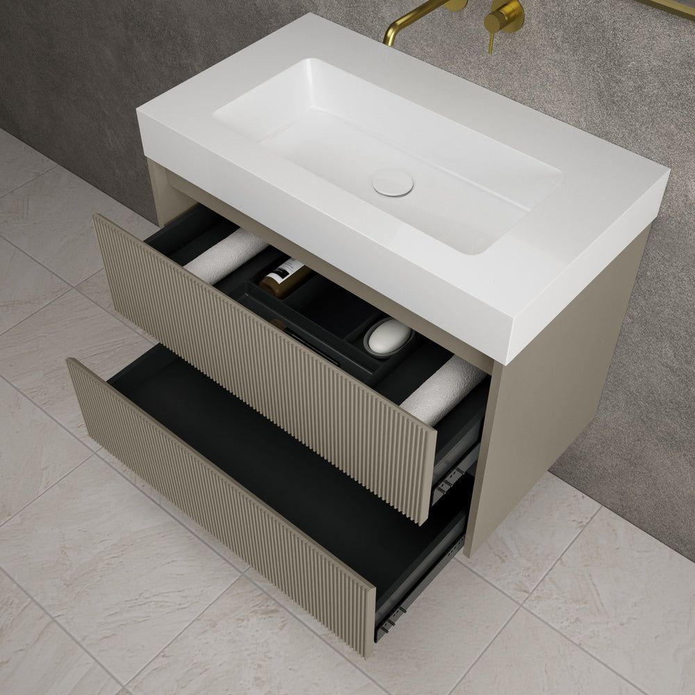 Scanalato Double Drawer Vanity Unit  With Beyondstone BLOC Basin - Soft Taupe 800mm