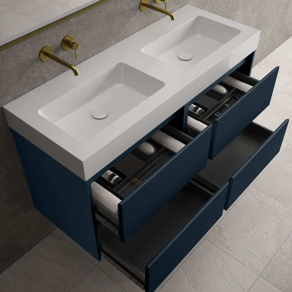 Scanalato Four Drawer Vanity Unit With Beyondstone BLOC Double Basin - Midnight Blue 1200mm