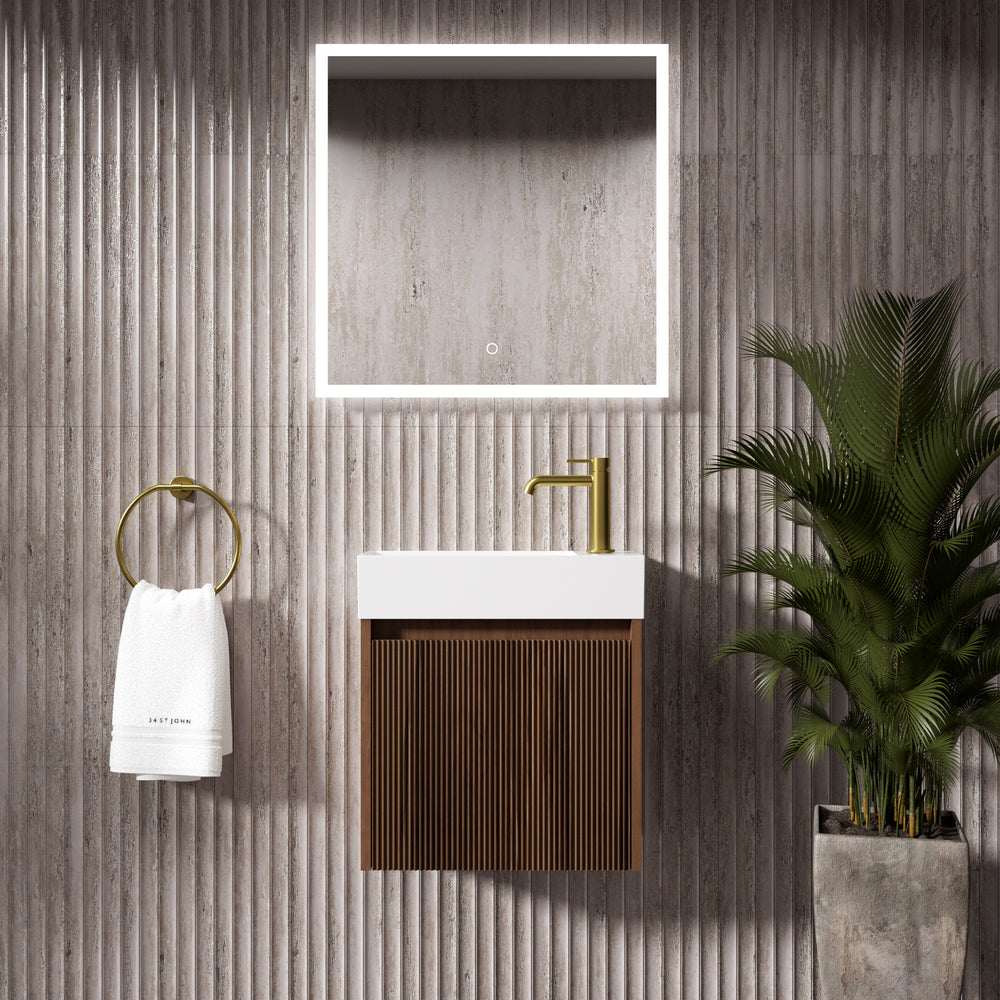 Scanalato Single Door Vanity Unit With Beyondstone Basin - Walnut 450mm