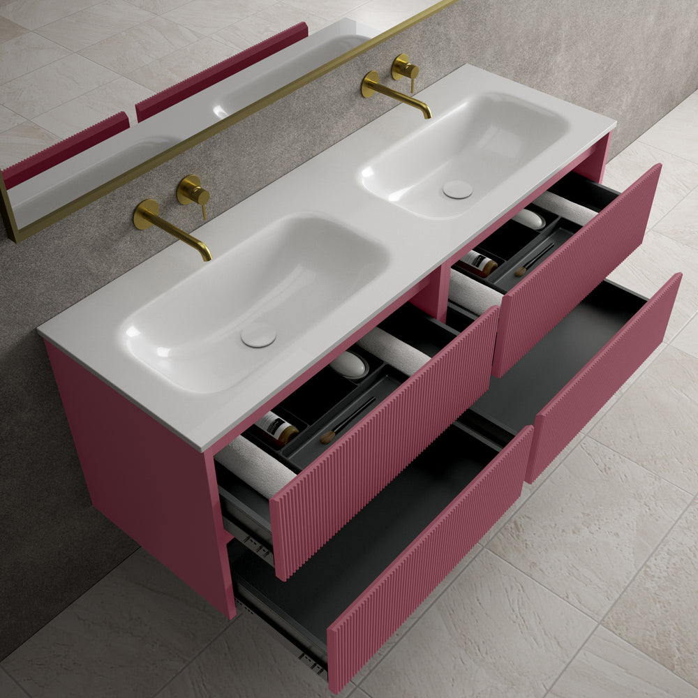 Scanalato Four Drawer Vanity Unit With Beyondstone Double Basin - Mineral Red 1400mm