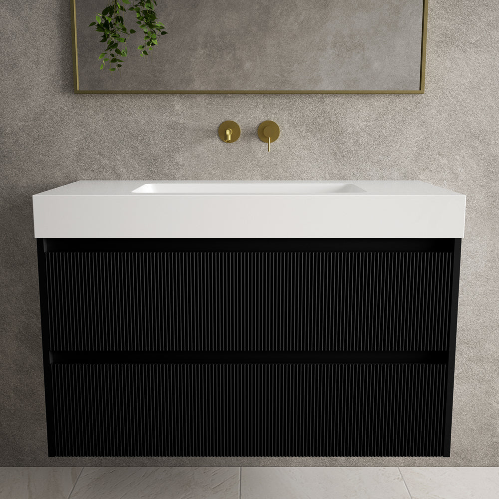 Scanalato Double Drawer Vanity Unit  With Beyondstone BLOC Basin - Pure Black 1000mm