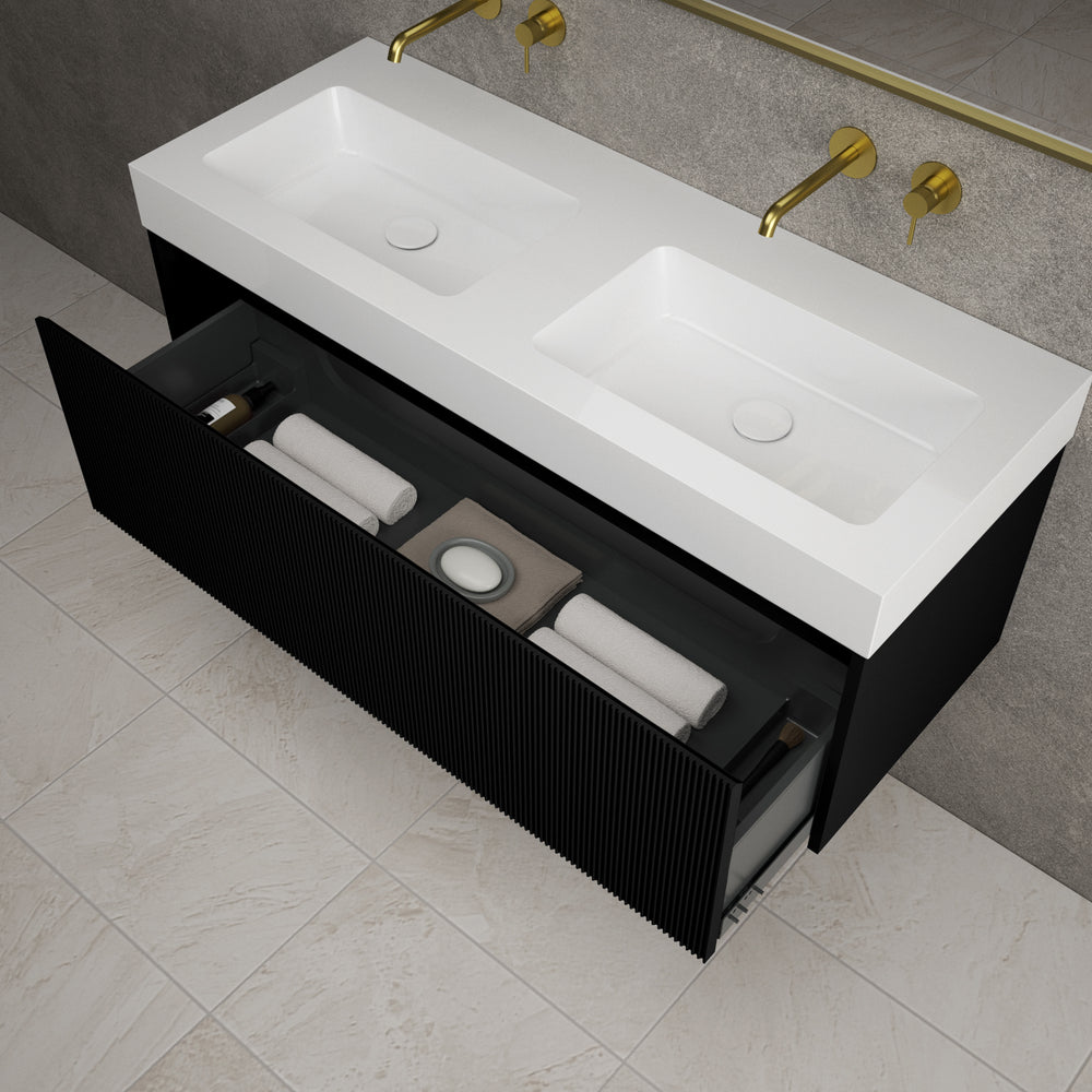 Scanalato Single Drawer Vanity Unit With Beyondstone BLOC Double Basin - Pure Black 1200mm