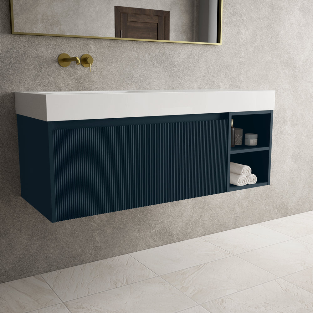 Scanalato Single Drawer Vanity Unit With Open Storage Space And Beyondstone BLOC Basin - Midnight Blue 1200mm