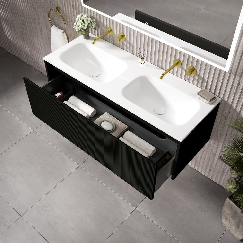 Scanalato Single Drawer Vanity Unit With Beyondstone Double Basin - Pure Black 1200mm