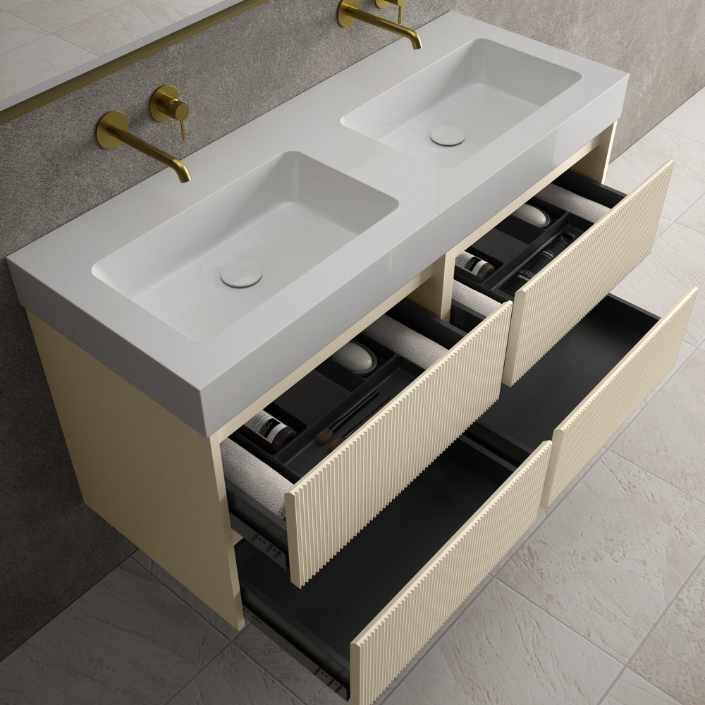 Scanalato Four Drawer Vanity Unit With Beyondstone BLOC Double Basin - Cashmere 1200mm