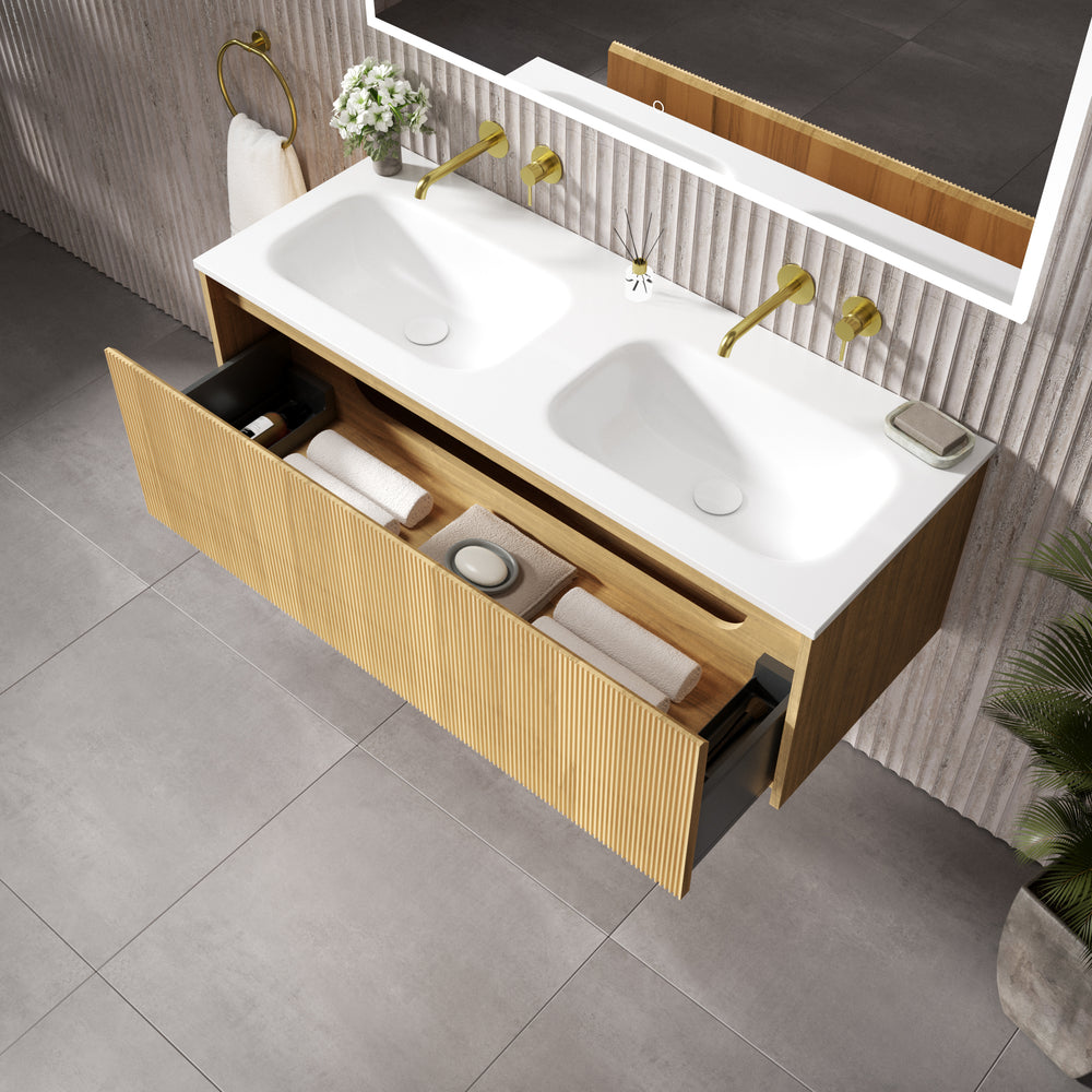 Scanalato Single Drawer Vanity Unit With Beyondstone Double Basin - Oak 1200mm