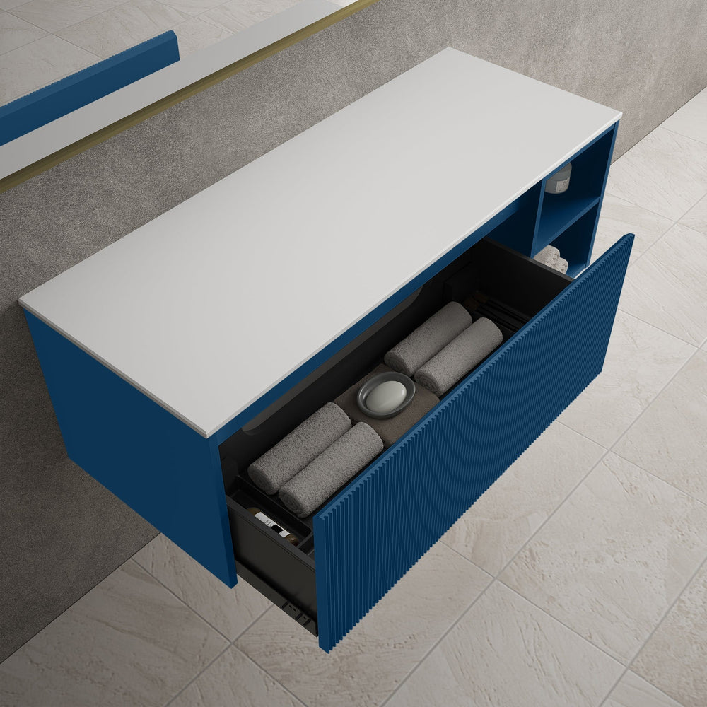 Scanalato Single Drawer Countertop Vanity Unit With Open Storage Space - Ocean Blue 1200mm