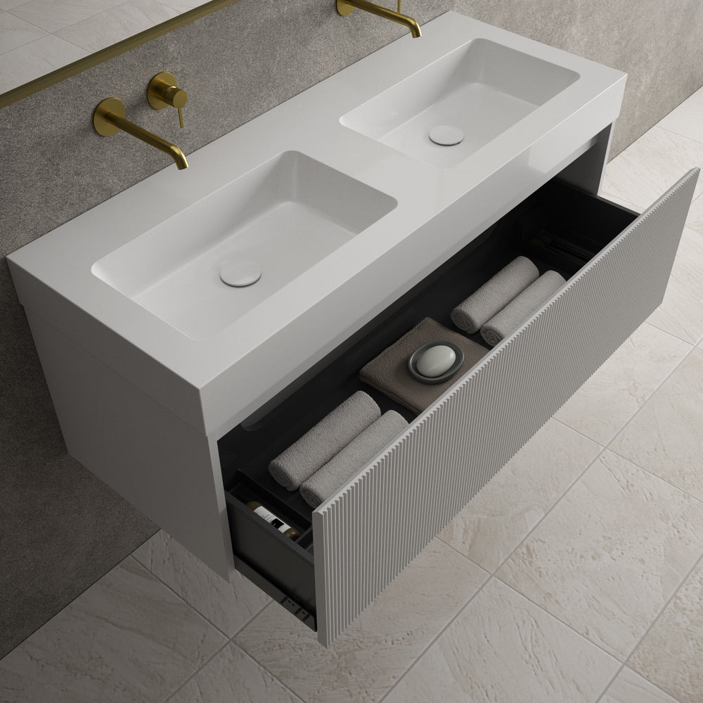 Scanalato Single Drawer Vanity Unit With Beyondstone BLOC Double Basin - Soft Grey 1200mm