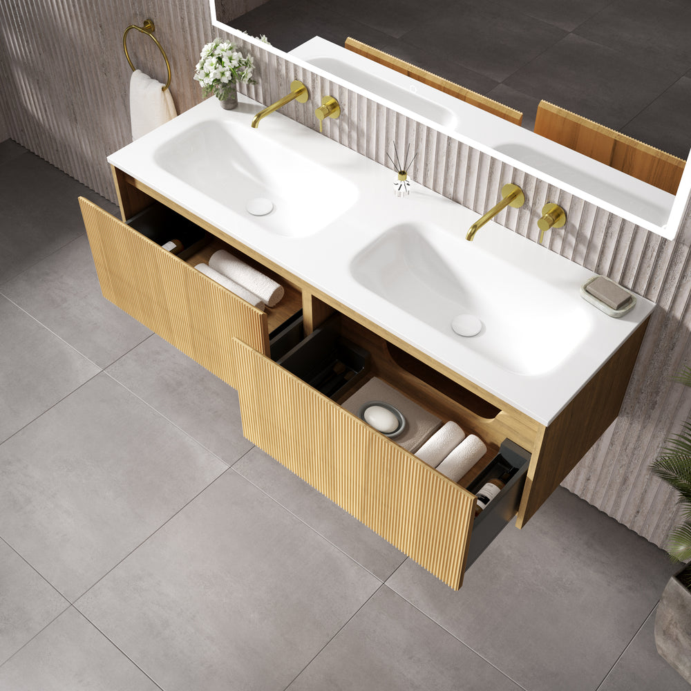 Scanalato Double Drawer Vanity Unit With Beyondstone Double Basin - Oak 1400mm