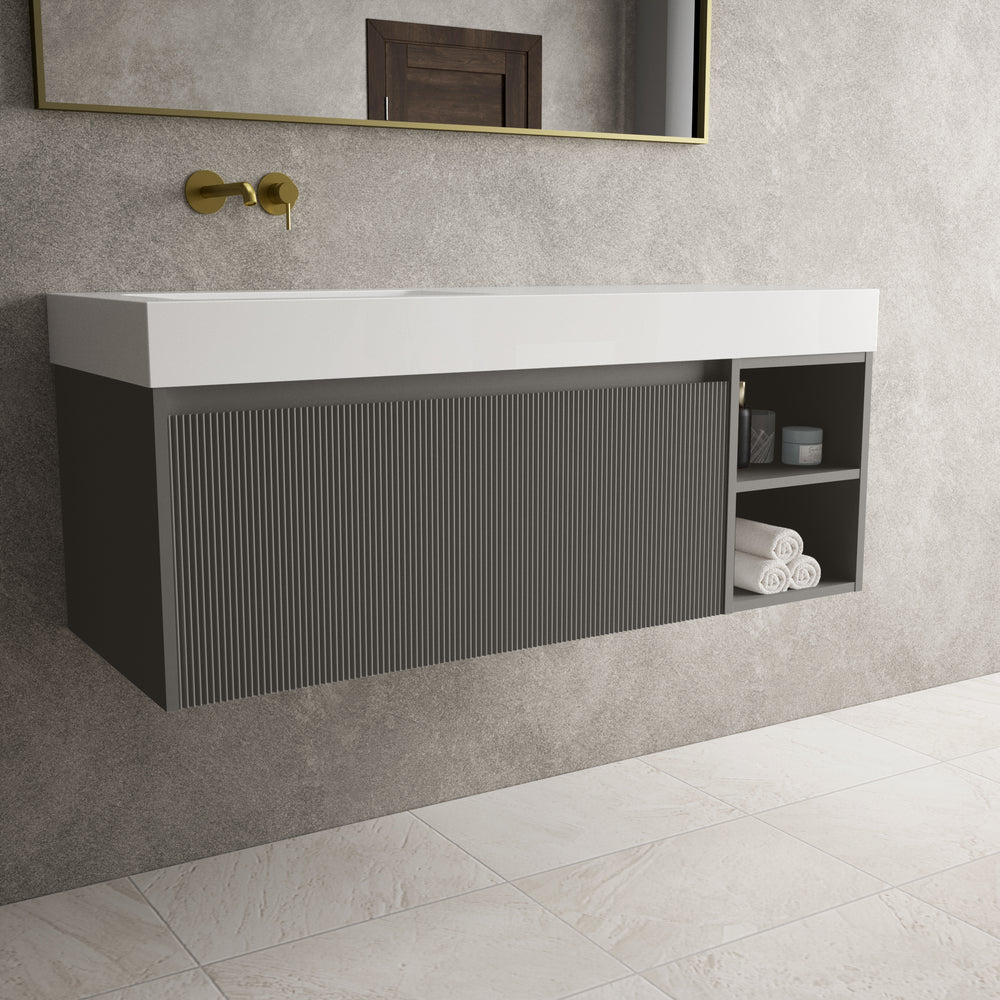 Scanalato Single Drawer Vanity Unit With Open Storage Space And Beyondstone BLOC Basin - Rich Taupe 1200mm