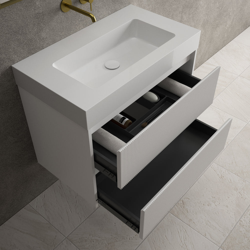 Scanalato Double Drawer Vanity Unit  With Beyondstone BLOC Basin - Pure White 800mm