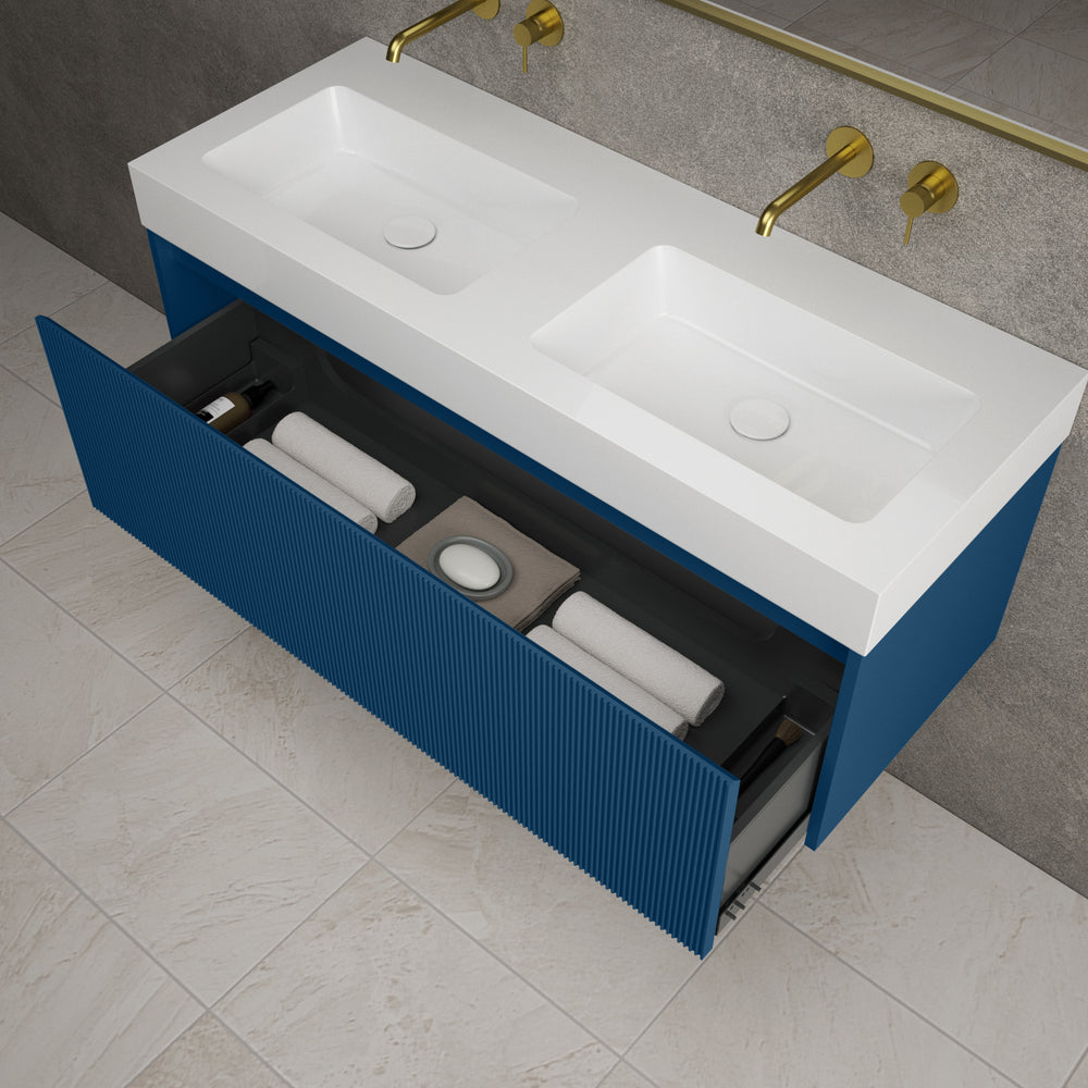 Scanalato Single Drawer Vanity Unit With Beyondstone BLOC Double Basin - Ocean Blue 1200mm