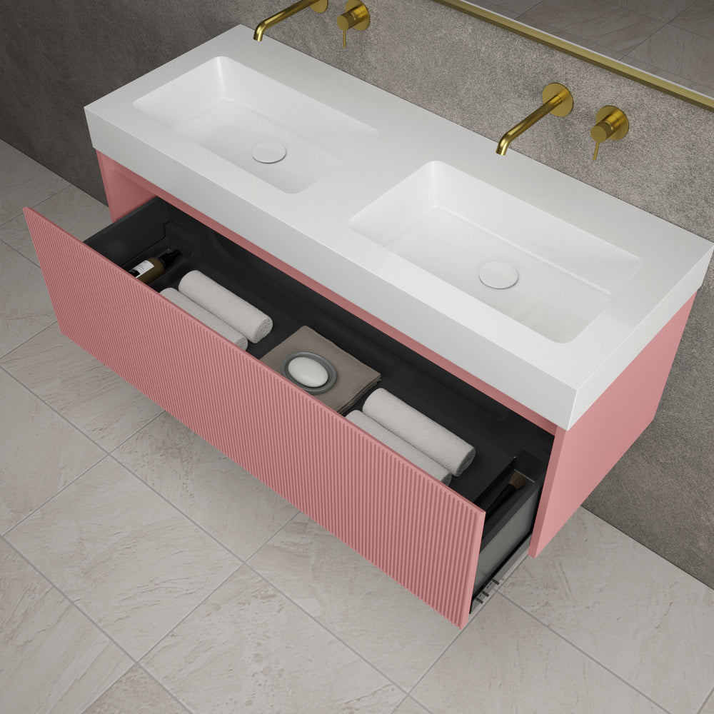 Scanalato Single Drawer Vanity Unit With Beyondstone BLOC Double Basin - Dusky Pink 1200mm