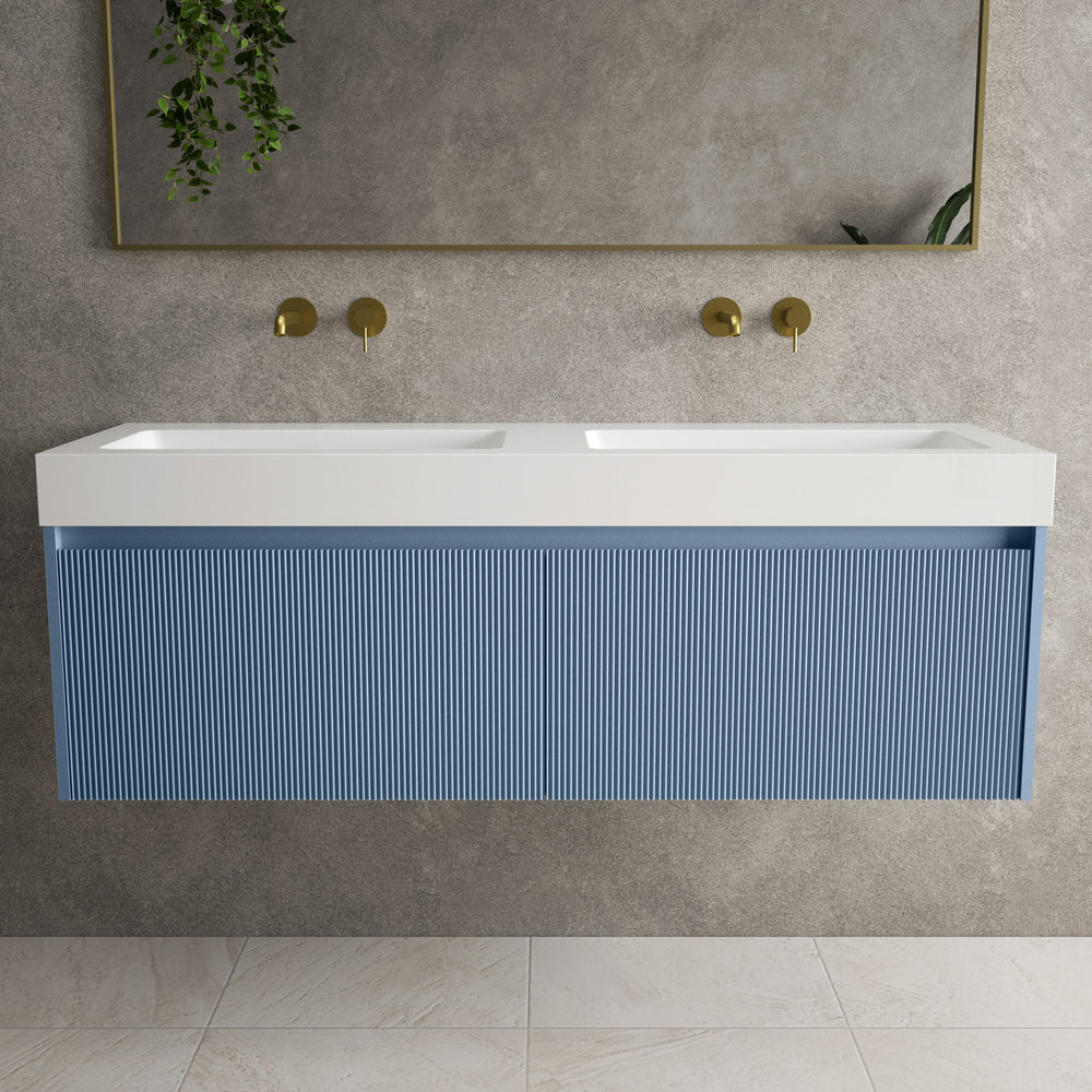 Scanalato Double Drawer Vanity Unit With Beyondstone BLOC Double Basin - Soft Blue 1400mm