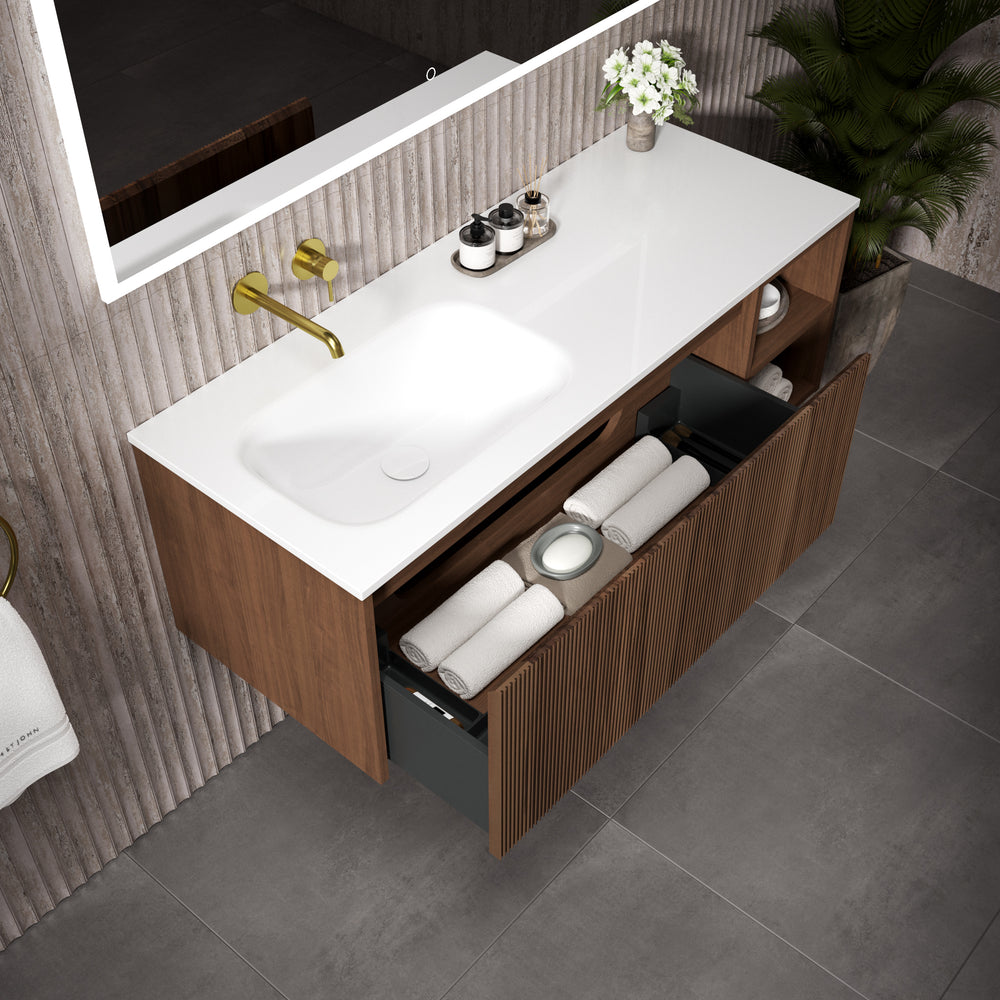 Scanalato Single Drawer Vanity Unit With Open Storage Space And Left hand Beyondstone Basin - Walnut 1200mm