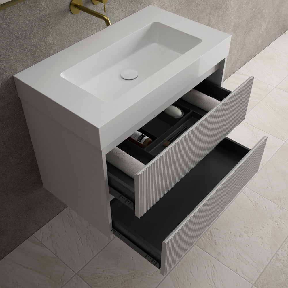 Scanalato Double Drawer Vanity Unit  With Beyondstone BLOC Basin - Soft Grey 800mm
