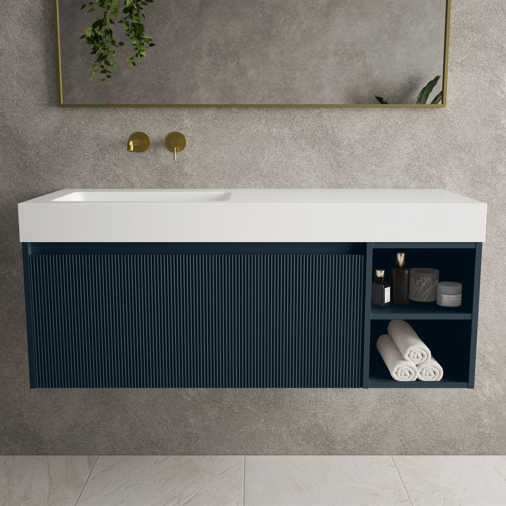 Scanalato Single Drawer Vanity Unit With Open Storage Space And Beyondstone BLOC Basin - Midnight Blue 1200mm