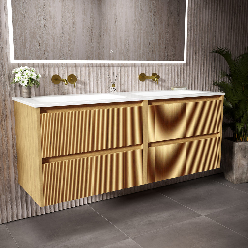 Scanalato Four Drawer Vanity Unit With Beyondstone Double Basin - Oak 1400mm