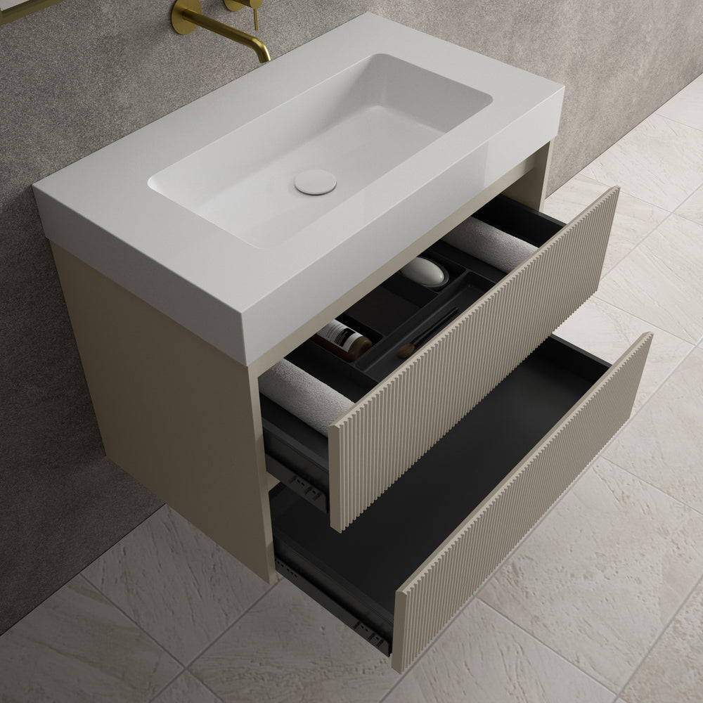 Scanalato Double Drawer Vanity Unit  With Beyondstone BLOC Basin - Soft Taupe 800mm