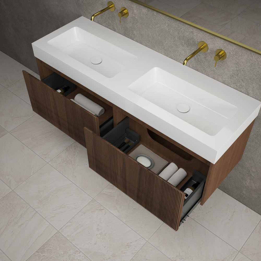 Scanalato Double Drawer Vanity Unit With Beyondstone BLOC Double Basin - Walnut 1400mm