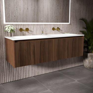 Scanalato Double Drawer Vanity Unit With Beyondstone Double Basin - Walnut 1400mm