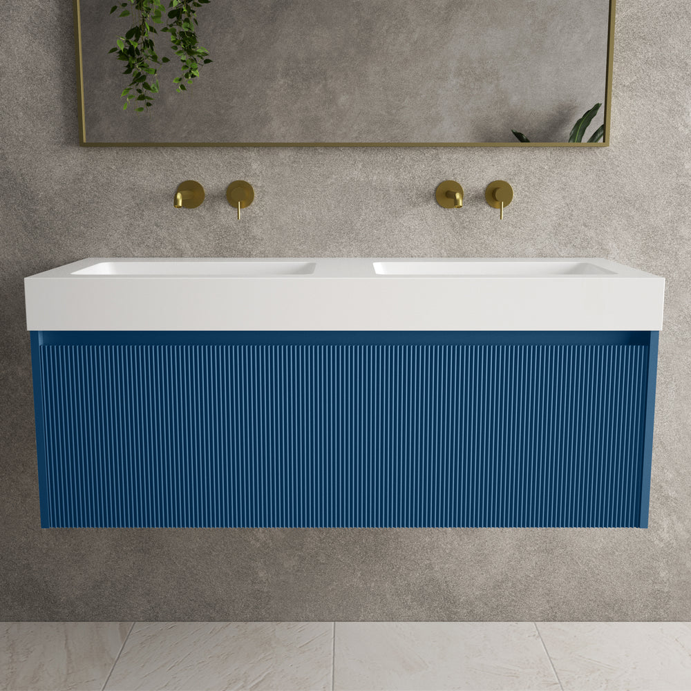 Scanalato Single Drawer Vanity Unit With Beyondstone BLOC Double Basin - Ocean Blue 1200mm
