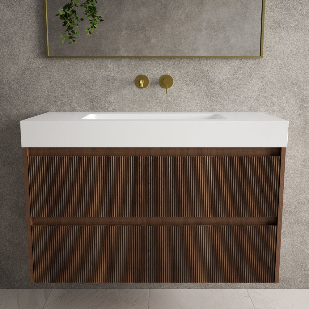 Scanalato Double Drawer Vanity Unit  With Beyondstone BLOC Basin - Walnut 1000mm