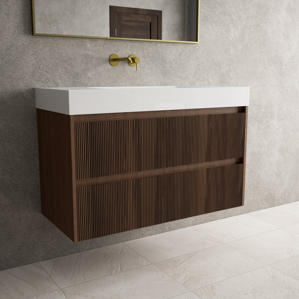 Scanalato Double Drawer Vanity Unit  With Beyondstone BLOC Basin - Walnut 1000mm