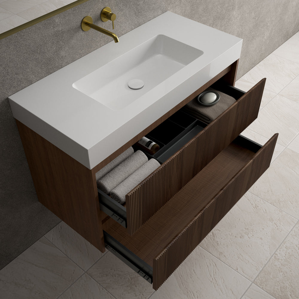 Scanalato Double Drawer Vanity Unit  With Beyondstone BLOC Basin - Walnut 1000mm