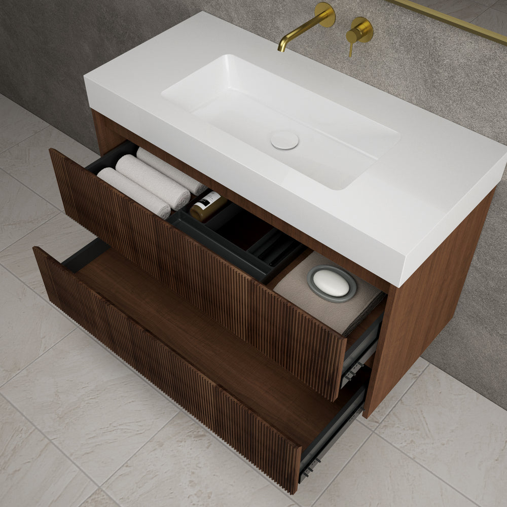 Scanalato Double Drawer Vanity Unit  With Beyondstone BLOC Basin - Walnut 1000mm