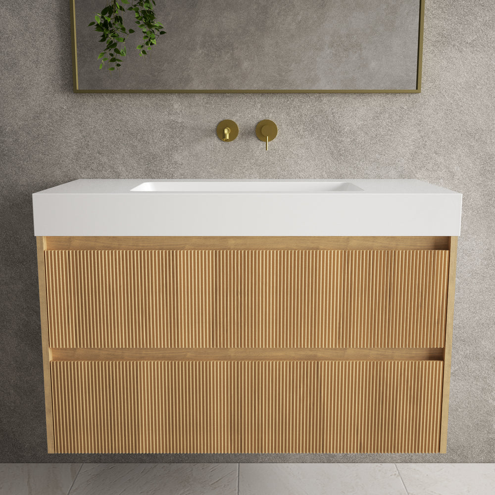 Scanalato Double Drawer Vanity Unit  With Beyondstone BLOC Basin - Oak 1000mm