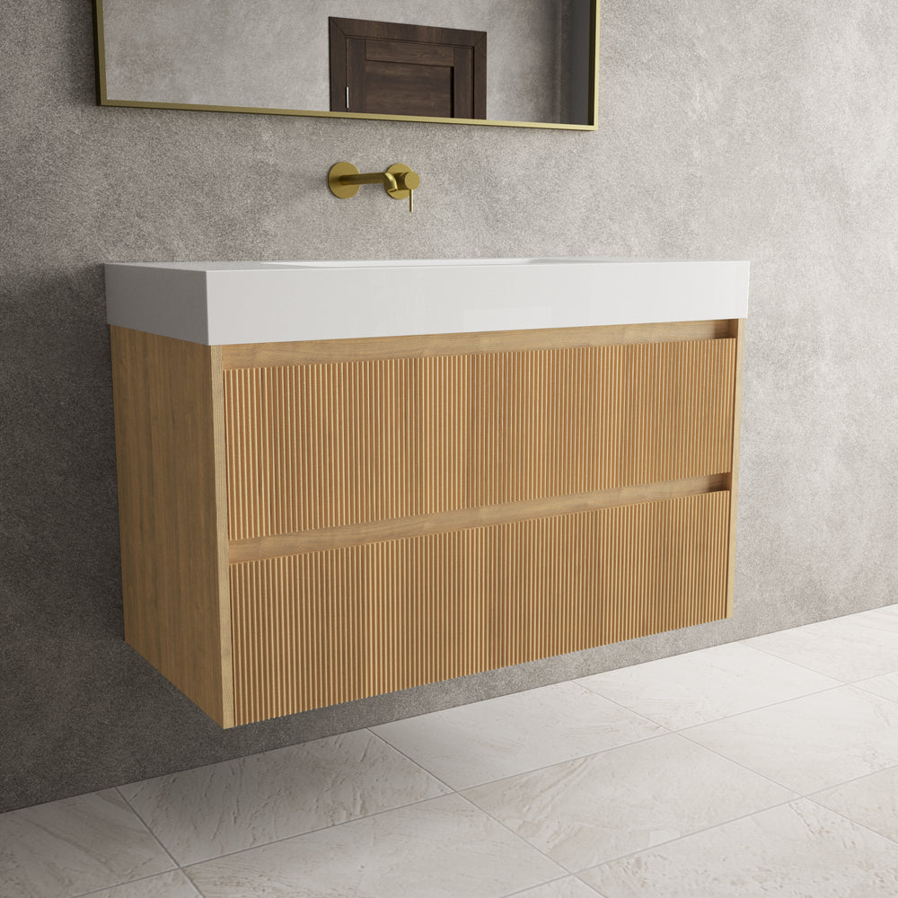 Scanalato Double Drawer Vanity Unit  With Beyondstone BLOC Basin - Oak 1000mm