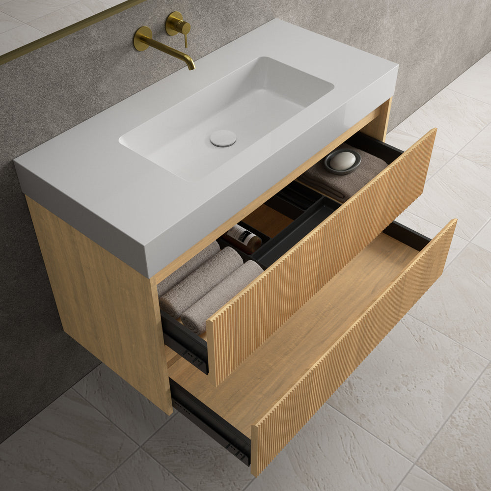 Scanalato Double Drawer Vanity Unit  With Beyondstone BLOC Basin - Oak 1000mm