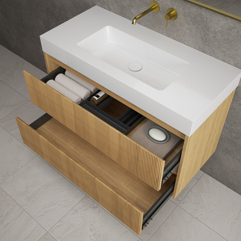 Scanalato Double Drawer Vanity Unit  With Beyondstone BLOC Basin - Oak 1000mm