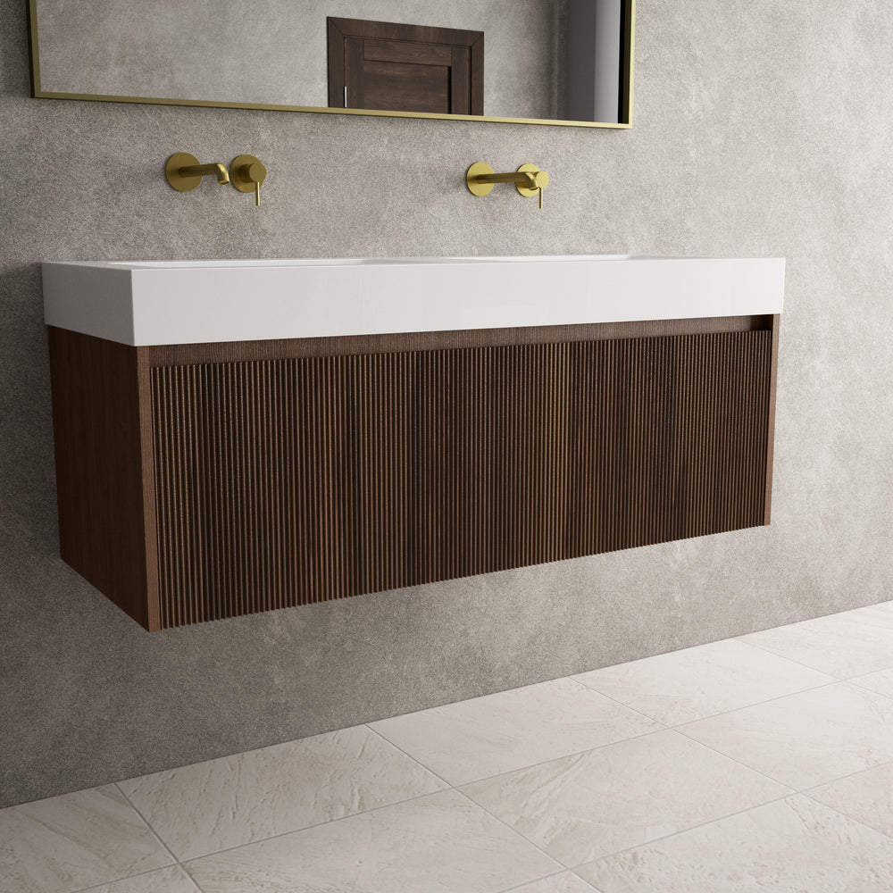 Scanalato Single Drawer Vanity Unit With Beyondstone BLOC Double Basin - Walnut 1200mm
