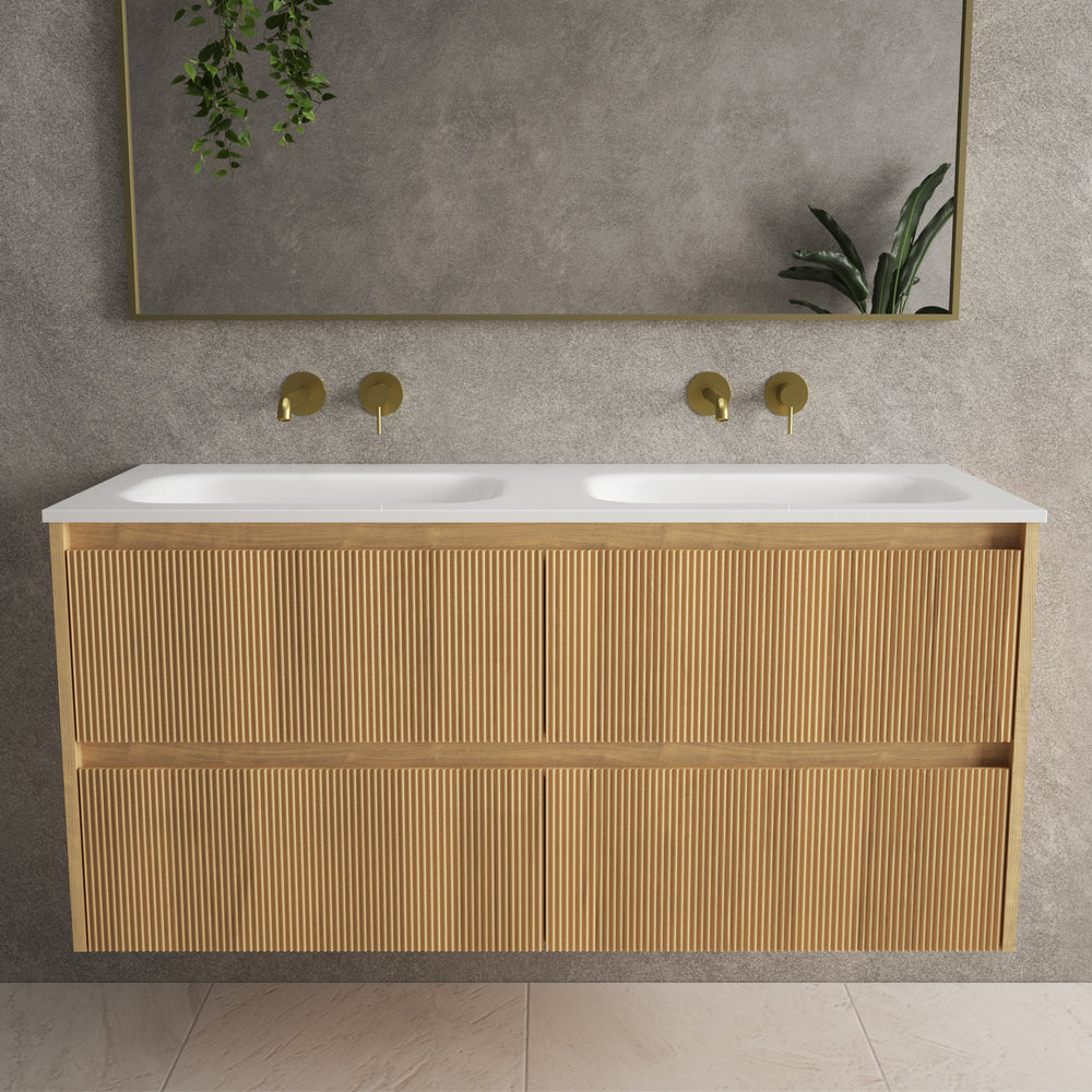 Scanalato Four Drawer Vanity Unit With Beyondstone Double Basin - Oak 1200mm