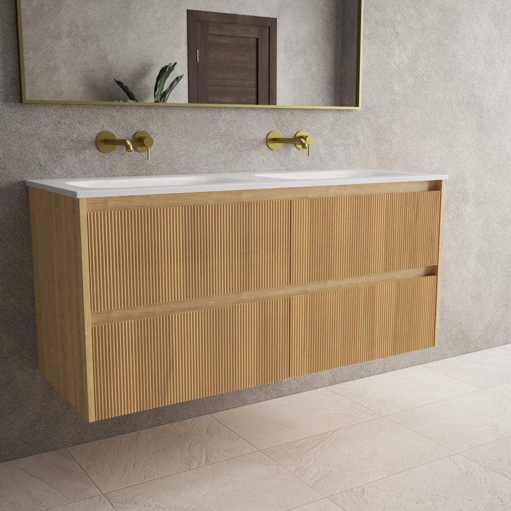 Scanalato Four Drawer Vanity Unit With Beyondstone Double Basin - Oak 1200mm