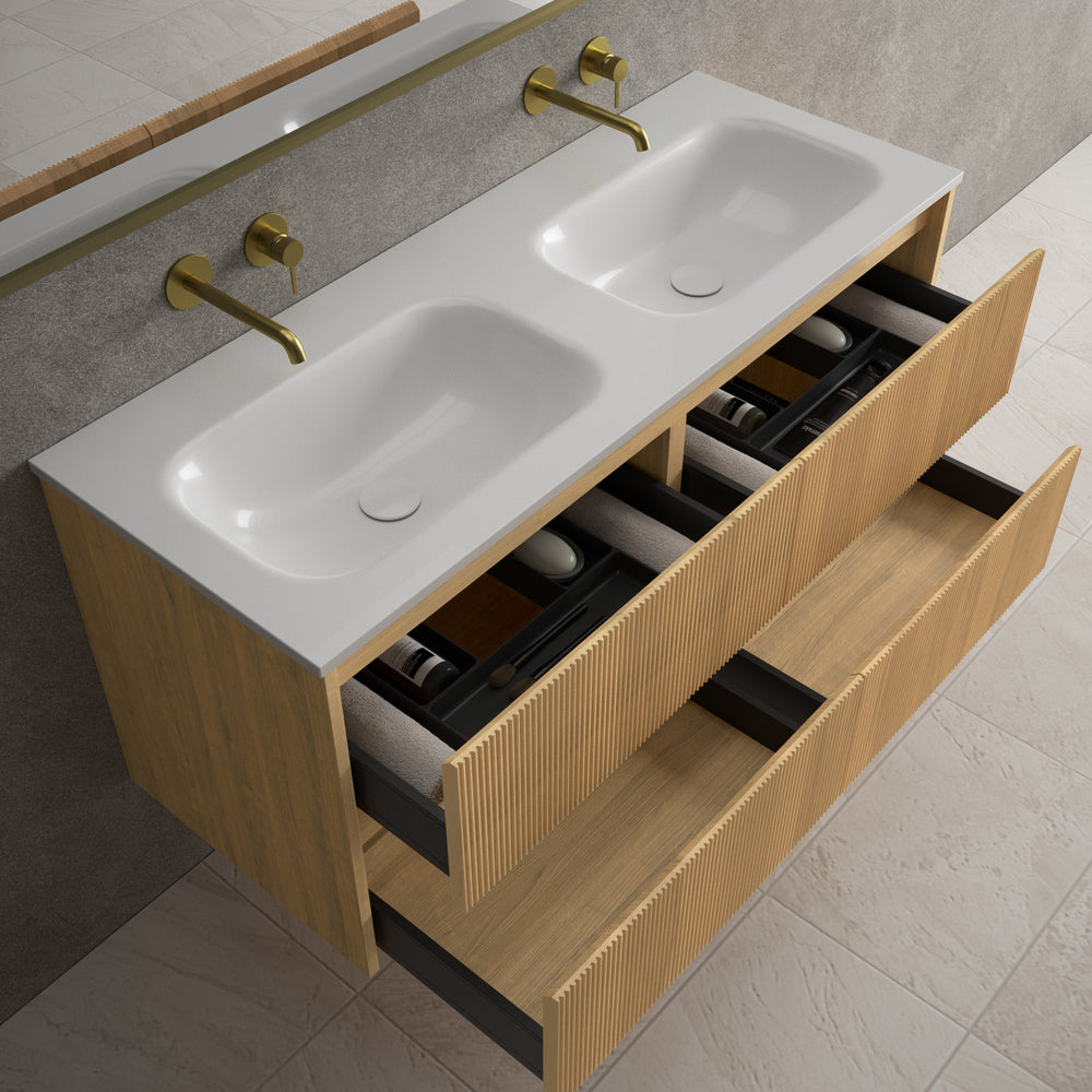 Scanalato Four Drawer Vanity Unit With Beyondstone Double Basin - Oak 1200mm